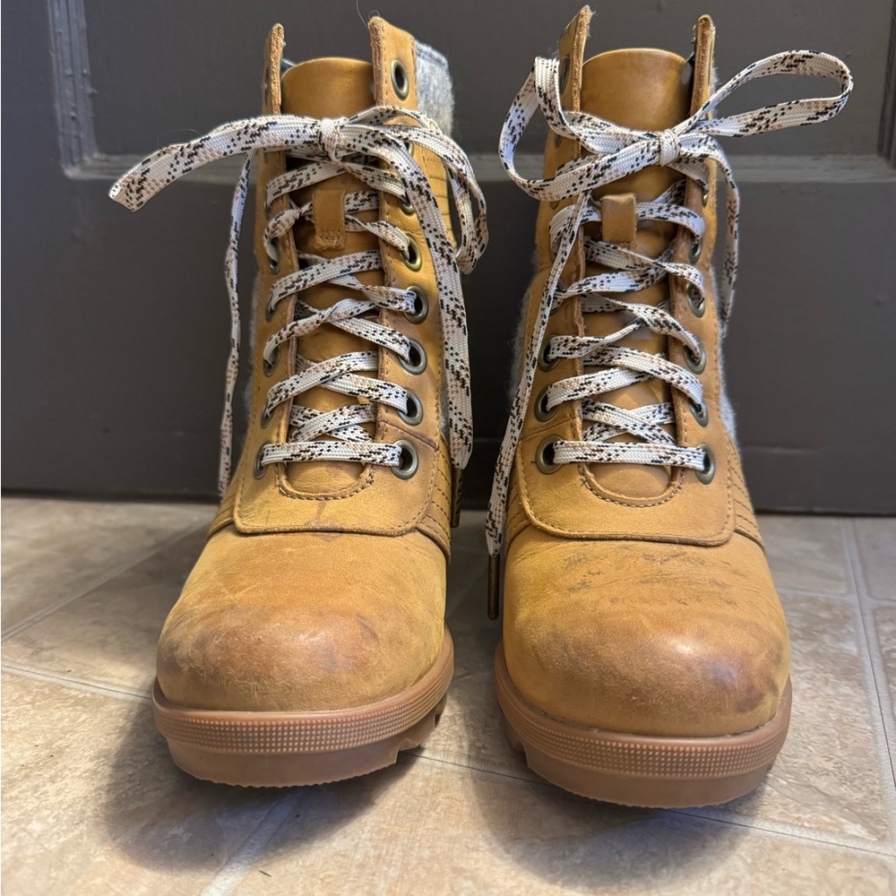 Tan Sorel “Lexie” Lace-Up Wedge Boots